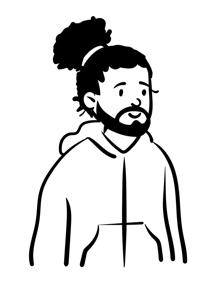 comic style drawing of a guy with a beard long hair and a hoodie