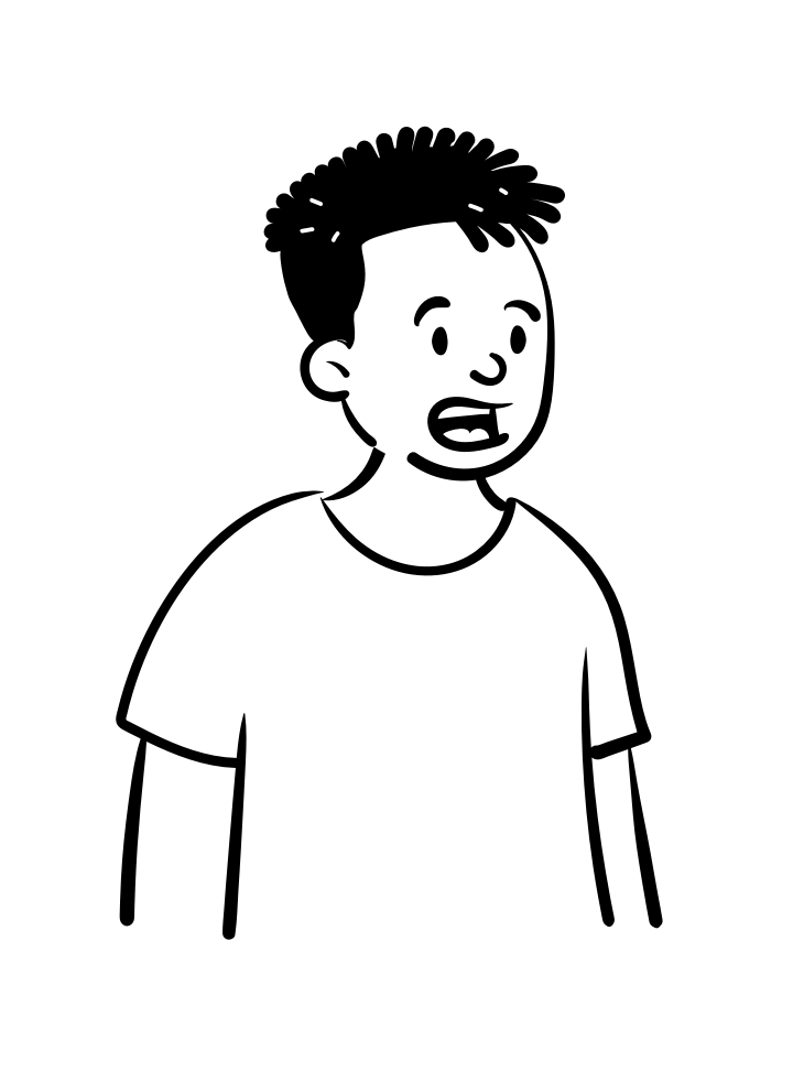 comic style drawing of a guy with short hair in a plain white tee